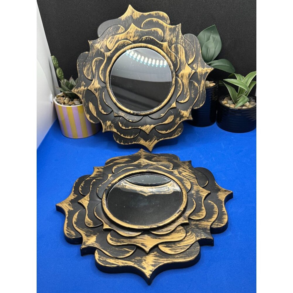 Decorative Lotus Mandala Wall Mirror Set Black & Gold Distressed Finish